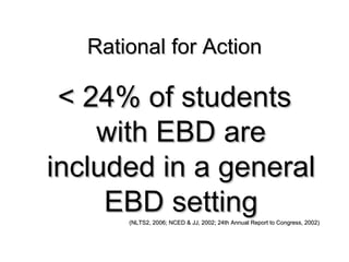 Rational for Action < 24% of students with EBD are included in a general EBD setting (NLTS2, 2006; NCED & JJ, 2002; 24th Annual Report to Congress, 2002) 