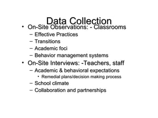 Data Collection On-Site Observations: - Classrooms Effective Practices Transitions Academic foci Behavior management systems On-Site Interviews: -Teachers, staff Academic & behavioral expectations Remedial plans/decision making process School climate Collaboration and partnerships 