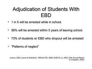 Adjudication of Students With EBD 1 in 5 will be arrested while in school. 58% will be arrested within 5 years of leaving school. 73% of students w/ EBD who dropout will be arrested  “ Patterns of neglect” (Leone, 2003; Leone & Drakeford, 1999:NLTS2, 2006; NCED & JJ, 2002; 24th Annual Report to Congress, 2002) 