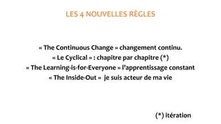 LES	4	NOUVELLES	RÈGLES
« The Continuous Change » changement continu.
« Le Cyclical » : chapitre par chapitre (*)
« The Lea...