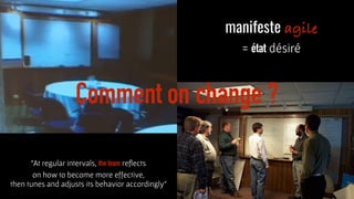 = état désiré
manifeste agile
Comment on change ?
“At regular intervals, the team reﬂects  
on how to become more effectiv...