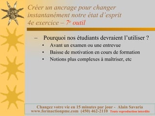 Créer un ancrage pour changer instantanément notre état d’esprit 4e exercice –  7 e  outil   Pourquoi nos étudiants devraient l’utiliser ?  Avant un examen ou une entrevue Baisse de motivation en cours de formation Notions plus complexes à maîtriser, etc 