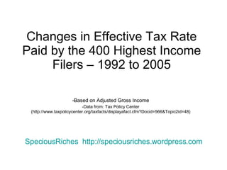 Changes in Effective Tax Rate Paid by the 400 Highest Income Filers – 1992 to 2005 ,[object Object],[object Object],SpeciousRiches   http:// speciousriches.wordpress.com 