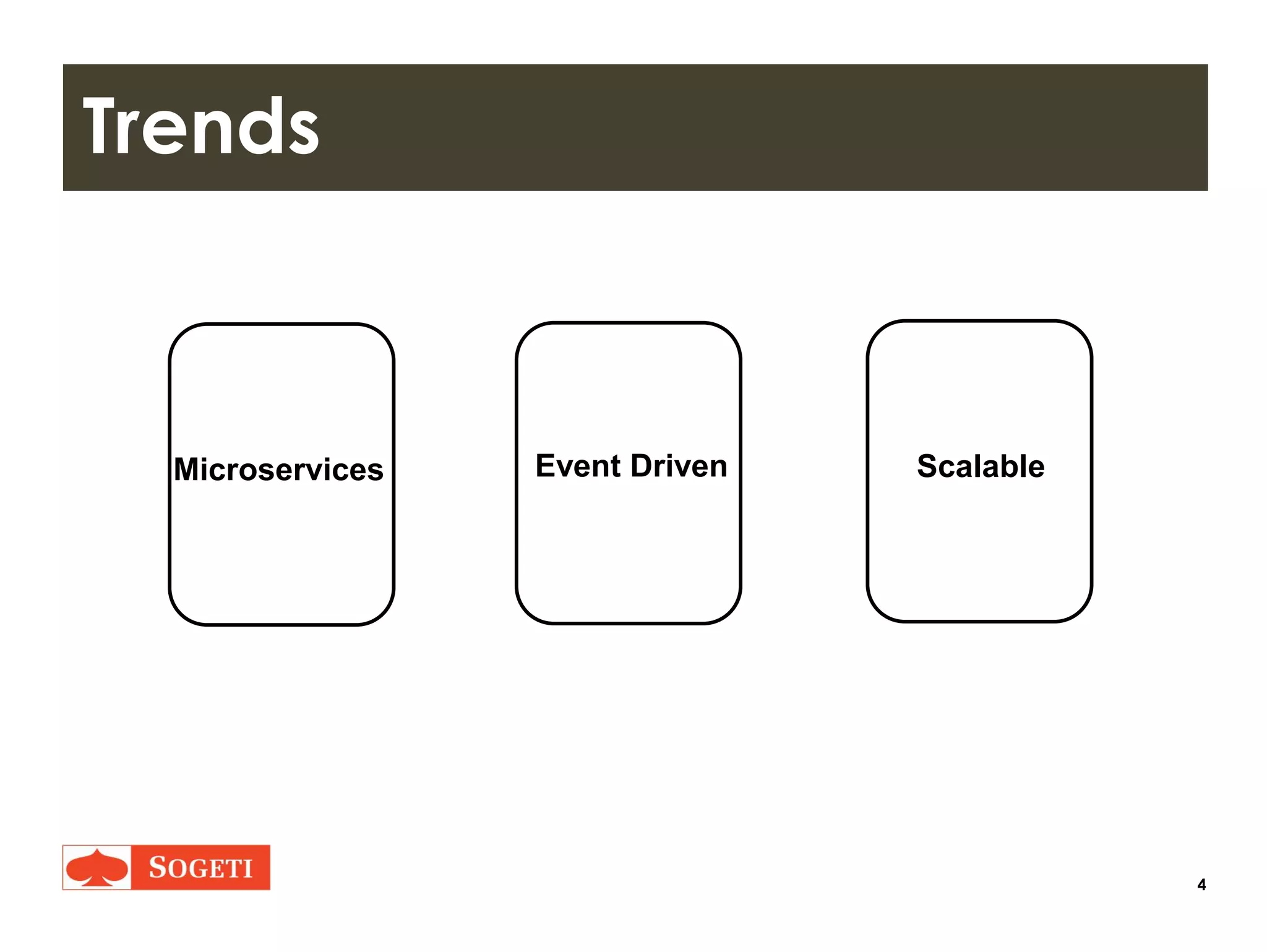 4
Trends
Microservices Event Driven Scalable
 