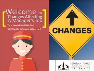 SEKOLAH TINGGI
P A R I W I S A T A
T R I S A K T I
Welcome to
Changes Affecting
A Manager’s Job
Dr. Ir. DONI MUHARDIANSYAH
ARIEF FAIZAL RACHMAN, SST.Par., M.T.
[ ]
 