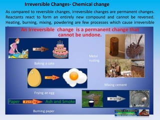 Irreversible Changes- Chemical change
As compared to reversible changes, irreversible changes are permanent changes.
Reactants react to form an entirely new compound and cannot be reversed.
Heating, burning, mixing, powdering are few processes which cause irreversible
changes.
 