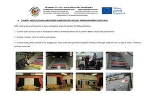 ● CHANGES IN ESCOLA BASICA PROFESSOR ALBERTO NERY CAPUCHO, MARINHA GRANDE (PORTUGAL) 
After sharing ideas and opinons in class, portuguese students decided the following things:
1- To write some school's rules in the stairs in order to remember them and to achieve better school daily coexistence.
2- To have a theatre room to reharse some plays.
3- To have more games painted in the playground. These ones were painted during the meeting in Portugal and each one is a typical from a Comenius
partners countries.
 
 