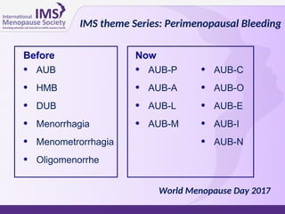 Before
• AUB
• HMB
• DUB
• Menorrhagia
• Menometrorrhagia
• Oligomenorrhe
Now
• AUB-P
• AUB-A
• AUB-L
• AUB-M
• AUB-C
• AUB-O
• AUB-E
• AUB-I
• AUB-N
IMS theme Series: Perimenopausal Bleeding
World Menopause Day 2017
 