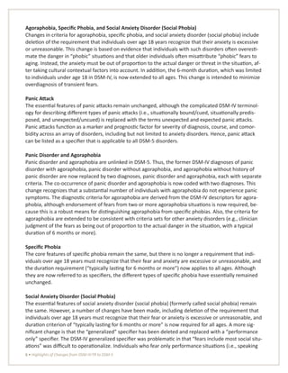 6 • Highlights of Changes from DSM-IV-TR to DSM-5
Agoraphobia, Specific Phobia, and Social Anxiety Disorder (Social Phobia)
Changes in criteria for agoraphobia, specific phobia, and social anxiety disorder (social phobia) include
deletion of the requirement that individuals over age 18 years recognize that their anxiety is excessive
or unreasonable. This change is based on evidence that individuals with such disorders often overesti-
mate the danger in “phobic” situations and that older individuals often misattribute “phobic” fears to
aging. Instead, the anxiety must be out of proportion to the actual danger or threat in the situation, af-
ter taking cultural contextual factors into account. In addition, the 6-month duration, which was limited
to individuals under age 18 in DSM-IV, is now extended to all ages. This change is intended to minimize
overdiagnosis of transient fears.
Panic Attack
The essential features of panic attacks remain unchanged, although the complicated DSM-IV terminol-
ogy for describing different types of panic attacks (i.e., situationally bound/cued, situationally predis-
posed, and unexpected/uncued) is replaced with the terms unexpected and expected panic attacks.
Panic attacks function as a marker and prognostic factor for severity of diagnosis, course, and comor-
bidity across an array of disorders, including but not limited to anxiety disorders. Hence, panic attack
can be listed as a specifier that is applicable to all DSM-5 disorders.
Panic Disorder and Agoraphobia
Panic disorder and agoraphobia are unlinked in DSM-5. Thus, the former DSM-IV diagnoses of panic
disorder with agoraphobia, panic disorder without agoraphobia, and agoraphobia without history of
panic disorder are now replaced by two diagnoses, panic disorder and agoraphobia, each with separate
criteria. The co-occurrence of panic disorder and agoraphobia is now coded with two diagnoses. This
change recognizes that a substantial number of individuals with agoraphobia do not experience panic
symptoms. The diagnostic criteria for agoraphobia are derived from the DSM-IV descriptors for agora-
phobia, although endorsement of fears from two or more agoraphobia situations is now required, be-
cause this is a robust means for distinguishing agoraphobia from specific phobias. Also, the criteria for
agoraphobia are extended to be consistent with criteria sets for other anxiety disorders (e.g., clinician
judgment of the fears as being out of proportion to the actual danger in the situation, with a typical
duration of 6 months or more).
Specific Phobia
The core features of specific phobia remain the same, but there is no longer a requirement that indi-
viduals over age 18 years must recognize that their fear and anxiety are excessive or unreasonable, and
the duration requirement (“typically lasting for 6 months or more”) now applies to all ages. Although
they are now referred to as specifiers, the different types of specific phobia have essentially remained
unchanged.
Social Anxiety Disorder (Social Phobia)
The essential features of social anxiety disorder (social phobia) (formerly called social phobia) remain
the same. However, a number of changes have been made, including deletion of the requirement that
individuals over age 18 years must recognize that their fear or anxiety is excessive or unreasonable, and
duration criterion of “typically lasting for 6 months or more” is now required for all ages. A more sig-
nificant change is that the “generalized” specifier has been deleted and replaced with a “performance
only” specifier. The DSM-IV generalized specifier was problematic in that “fears include most social situ-
ations” was difficult to operationalize. Individuals who fear only performance situations (i.e., speaking
 