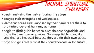 MORAL-SPIRITUAL
CHANGES
• begin analyzing themselves during this stage.
• analyze their strengths and weaknesses.
• learn that house rules imposed by their parents are there to
promote order and harmony at home.
• begin to distinguish between rules that are negotiable and
those that are non-negotiable. Non-negotiable rules, like
smoking, are imposed because they are for their own good.
• boys and girls realize what they could become in the future.
 