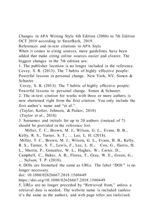 Changes in APA Writing Style 6th Edition (2006) to 7th Edition
OCT 2019 according to Streefkerk, 2019.
References and in-text citations in APA Style
When it comes to citing sources, more guidelines have been
added that make citing online sources easier and clearer. The
biggest changes in the 7th edition are:
1. The publisher location is no longer included in the reference.
Covey, S. R. (2013). The 7 habits of highly effective people:
Powerful lessons in personal change. New York, NY: Simon &
Schuster.
Covey, S. R. (2013). The 7 habits of highly effective people:
Powerful lessons in personal change. Simon & Schuster.
2. The in-text citation for works with three or more authors is
now shortened right from the first citation. You only include the
first author’s name and “et al.”.
(Taylor, Kotler, Johnson, & Parker, 2018)
(Taylor et al., 2018)
3. Surnames and initials for up to 20 authors (instead of 7)
should be provided in the reference list.
Miller, T. C., Brown, M. J., Wilson, G. L., Evans, B. B.,
Kelly, R. S., Turner, S. T., … Lee, L. H. (2018).
Miller, T. C., Brown, M. J., Wilson, G. L., Evans, B. B., Kelly,
R. S., Turner, S. T., Lewis, F., Lee, L. H., Cox, G., Harris, H.
L., Martin, P., Gonzalez, W. L., Hughes, W., Carter, D.,
Campbell, C., Baker, A. B., Flores, T., Gray, W. E., Green, G.,
… Nelson, T. P. (2018).
4. DOIs are formatted the same as URLs. The label “DOI:” is no
longer necessary.
doi: 10.1080/02626667.2018.1560449
https://doi.org/10.1080/02626667.2018.1560449
5. URLs are no longer preceded by “Retrieved from,” unless a
retrieval date is needed. The website name is included (unless
it’s the same as the author), and web page titles are italicized.
 