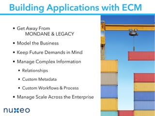 • Get Away From
MONDANE & LEGACY
• Model the Business
• Keep Future Demands in Mind
• Manage Complex Information
• Relationships
• Custom Metadata
• Custom Workﬂows & Process
• Manage Scale Across the Enterprise
Building Applications with ECM
 