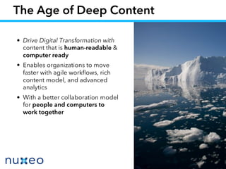 The Age of Deep Content
• Drive Digital Transformation with
content that is human-readable &
computer ready
• Enables organizations to move
faster with agile workﬂows, rich
content model, and advanced
analytics
• With a better collaboration model
for people and computers to
work together
 