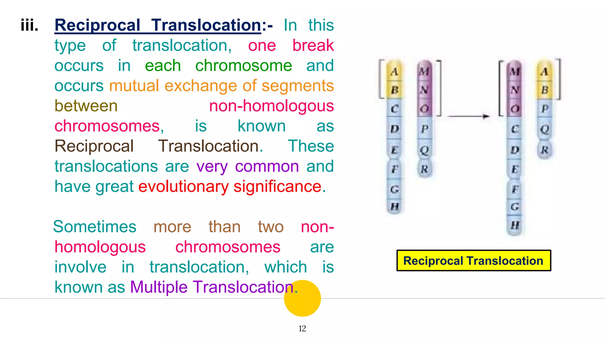12
iii. Reciprocal Translocation:- In this
type of translocation, one break
occurs in each chromosome and
occurs mutual exchange of segments
between non-homologous
chromosomes, is known as
Reciprocal Translocation. These
translocations are very common and
have great evolutionary significance.
Sometimes more than two non-
homologous chromosomes are
involve in translocation, which is
known as Multiple Translocation.
Reciprocal Translocation
 