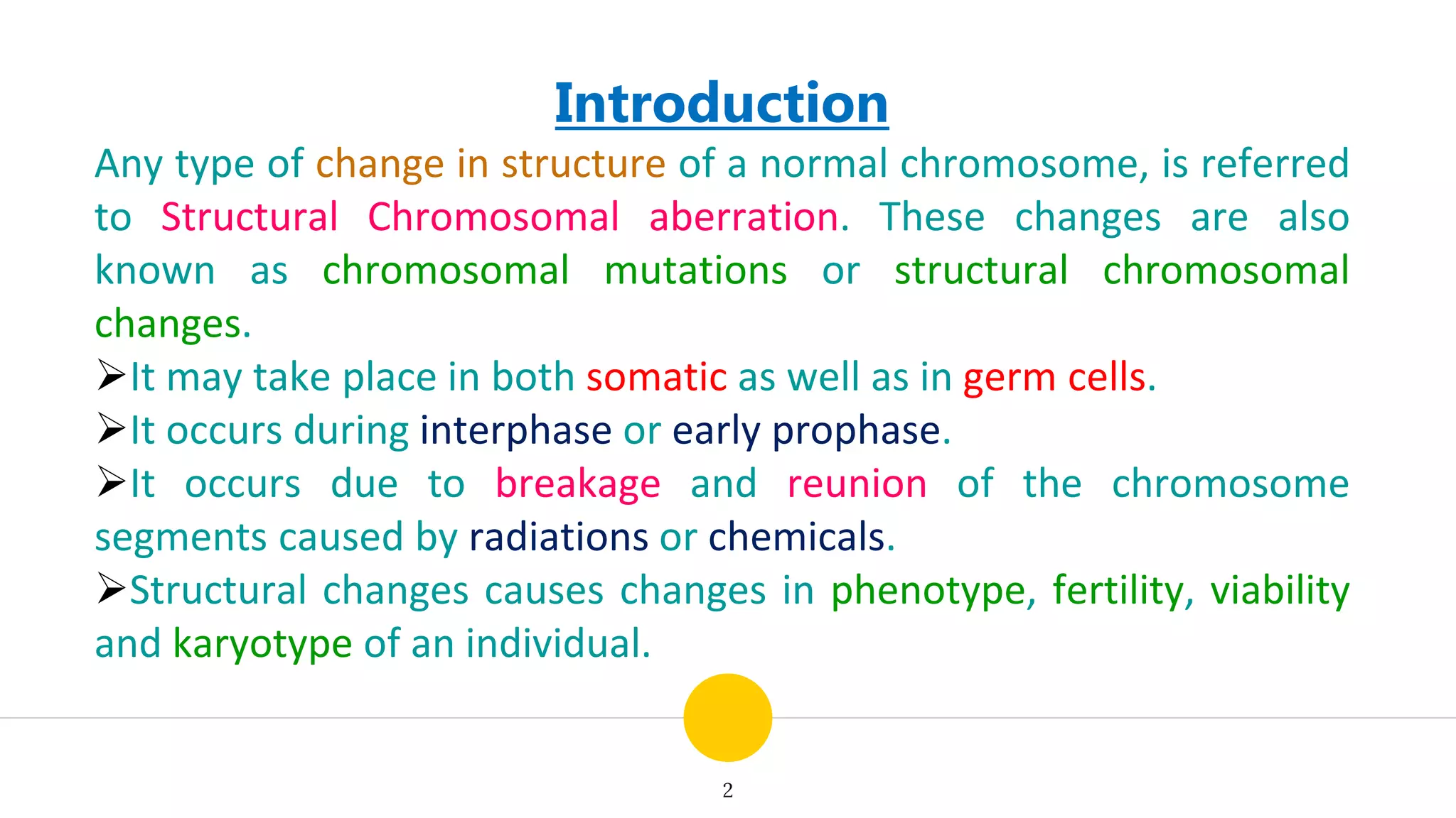 2
Introduction
Any type of change in structure of a normal chromosome, is referred
to Structural Chromosomal aberration. These changes are also
known as chromosomal mutations or structural chromosomal
changes.
It may take place in both somatic as well as in germ cells.
It occurs during interphase or early prophase.
It occurs due to breakage and reunion of the chromosome
segments caused by radiations or chemicals.
Structural changes causes changes in phenotype, fertility, viability
and karyotype of an individual.
 