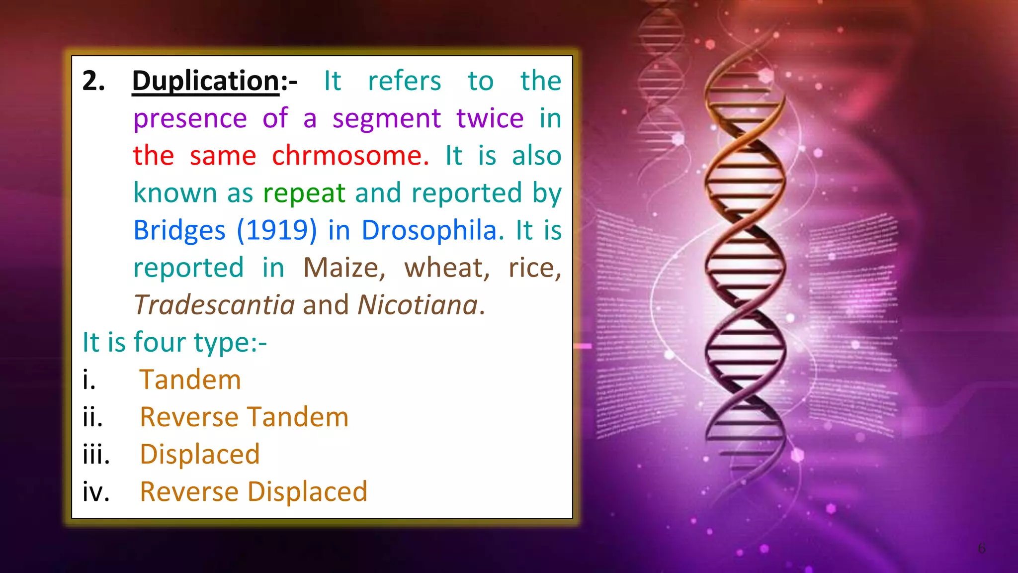 6
2. Duplication:- It refers to the
presence of a segment twice in
the same chrmosome. It is also
known as repeat and reported by
Bridges (1919) in Drosophila. It is
reported in Maize, wheat, rice,
Tradescantia and Nicotiana.
It is four type:-
i. Tandem
ii. Reverse Tandem
iii. Displaced
iv. Reverse Displaced
 