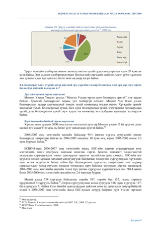 АРДЧИЛСАН ЗАСАГЛАЛЫН ТӨЛӨВ БАЙДАЛД ГАРСАН ӨӨРЧЛӨЛТ. 2007-2008




                      График 10. Эрүүл мэндийн байгууллагуудын үйл ажиллагааны
                          талаарх судалгаанд оролцогчдын үнэлгээ,83 2008 он




   Эрүүл мэндийн салбар нь жижиг авлигад автсан тухай судалгаанд оролцогчдын 20 хувь нь
үзэж байна. Энэ нь олон хэлбэрээр илэрдэг бөгөөд нийт иргэдийн дийлэнх хэсэг үүрэг хүлээсэн
эмч сувилагчдын гар цайлгах, бэлэг өгөх явдлаар илэрч байна.

4.4. Боловсрол олох, түүний дотор иргэний эрх, үүргийн талаар боловсрол олох эрх хэр зэрэг өргөн
бөгөөд бүх нийтийг хамардаг вэ?

     Эрх зүйн орчинд гарсан өөрчлөлт
   Монгол Улсын Үндсэн хуульд “Монгол Улсын иргэн сурч боловсрох эрхтэй” гэж заасан
байдаг. Ерөнхий боловсролыг төрөөс үнэ төлбөргүй олгодог. Монгол Улс Олон улсын
боловсролын талаар алагчилахтай тэмцэх тухай конвенцид нэгдэн орсон. Хүүхдийн эрхийг
хамгаалах тухай, Боловсролын тухай, бага дунд боловсролын тухай, мэргэжлийн боловсролын
тухай, дээд боловсролын тухай зэрэг хууль тогтоомжоор энэ салбарын харилцааг зохицуулж
байна.

     Хэрэгжилтийн байдалд гарсан өөрчлөлт
   Хүн ам, орон сууцны 2000 оны улсын тооллогын дүнгээр Монгол улсын 15 ба түүнээс дээш
настай хүн амын 97.6 хувь нь бичиг үсэг тайлагдсан дүнтэй байна.84

   2006-2007 оны хичээлийн жилийн байдлаар 99.1 мянган хүүхэд сургуулийн өмнөх
боловсролд хамрагдаж байгаа нь 2004-2005 оныхоос 10 хувь өсч, харин 2005-2006 оноос 0.3
хувь буурсан байна.85

   БСШУЯ-наас 2006-2007 оны хичээлийн жилд, ЕБС-ийн өдрөөр суралцагчдын тоог
мэдээллийн шинэ программ хангамж ашиглан гаргах болсон, шилжилт хөдөлгөөнтэй
уялдуулан суралцагчдын тооны давхардлыг арилгах тусгайлсан арга хэмжээ, ЕБС-ийн нэг
хүүхдэд ногдох хувьсах зардлаар санхүүжүүлж байгаагаас хөдөөгийн сургуулиудын хүүхдийн
тоог өсгөж мэдээллэх болон албан бус боловсролын сургалтад хамрагчдын тоог өдрөөр
суралцагчдын тоонд оруулан тооцсон тохиолдол гарч байсныг зогсоосон зэргээс шалтгаалж
2006-2007 оны хичээлийн жилийн эхэнд бүх шатны сургуульд суралцагчдын тоо 710.4 мянга
болж 2005-2006 оны хичээлийн жилийнхээс 2.6 мянгаар буурав.

    Манай улсад 754 сургууль байгаагаас төрийн 597, төрийн бус 152, гадны хөрөнгө
оруулалттай 5 сургууль байна.86 Дээрхи сургуулиудаас ахлах сургууль 516, дунд сургууль 167,
бага сургууль 71 байна. Сум, багийн сургуулиудын дийлэнх олон нь сурагчдын дотуур байртай
хэдий ч 2006-2007 оны хичээлийн жилд ЕБС-иудын дотуур байранд суух хүсэлт гаргасан

83
   Мөн судалгаа,
84
   ҮСХ. Монгол Улсын статистикийн эмхтгэл-2007. УБ., 2008. 37 дэх тал.
85
   БСШУЯ-ны Статистик мэдээ, 2008.
86
   Мөн тэнд,




                                                                                       Хуудас | 35
 