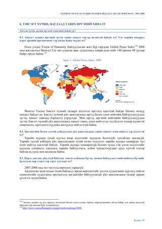 АРДЧИЛСАН ЗАСАГЛАЛЫН ТӨЛӨВ БАЙДАЛД ГАРСАН ӨӨРЧЛӨЛТ. 2007-2008



8. ЗЭВСЭГТ ХҮЧИН, ЦАГДААД ТАВИХ ИРГЭНИЙ ХЯНАЛТ

Зэвсэгт хүчин, цагдаа иргэний хяналтад байдаг уу?

8.1. Зэвсэгт хүчинд иргэний зүгээс тавих хяналт хэр үр нөлөөтэй байдаг вэ? Улс төрийн амьдрал
цэрэг армийн оролцооноос хэр ангид байж чаддаг вэ?

   Олон улсын Vision of Humanity байгууллагын жил бүр гаргадаг Global Peace Index124 2008
оны жагсаалтад Монгол Улс анх удаагаа орж, судалгаанд хамрагдсан нийт 140 орноос 88 дугаар
байрт орсон байна.125

                                     Зураг 1. Global Peace Index, 2008




    Монгол Улсын Зэвсэгт хүчний талаарх мэдээлэл иргэдэд хаалттай байдаг бөгөөд энэхүү
нөхцөл байдал нь Зэвсэгт хүчний үйл ажиллагаанд иргэд болон олон нийтийн байгууллагуудын
зүгээс хяналт тавихад бэрхшээл учруулдаг. Мөн иргэд, иргэний нийгмийн байгууллагуудын
зүгээс Зэвсэгт хүчний үйл ажиллагаанд хяналт тавих, олон нийтэд ил тод болгох талаар идэвхтэй
санаачилга, оролдлого сүүлийн жилүүдэд хийгдээгүй байна.

8.2. Цагдаагийн болон тусгай албадуудын үйл ажиллагаанд тавих хяналт олон нийтэд хэр нээлттэй
вэ?
   Төрийн нууцын тухай хуульд ямар мэдээлийг нууцалж болохгүйг тусгайлан заагаагүй.
Төрийн тусгай албадын үйл ажиллагааны тухай ихэнх мэдээлэл төрийн нууцад хамаардаг тул
олон нийтэд хаалттай байдаг. Төрийн нууцад хамаарахгүй боловч чухал гэж үзсэн мэдээллийг
нууцлах сонирхол, хандлага төрийн байгууллага, албан тушаалтнуудын дунд хүчтэй хэвээр
байгаа нь үүнд мөн нөлөөлж байна.

8.3. Цэрэг, цагдаа, аюулгүй байдлыг хангах албадын бүтэц, зохион байгуулалт нийгмийнхээ бүтцийг
бүхэлд нь өөр дээрээ хэр зэрэг тусгадаг вэ?

   2007-2008 онд энэ чиглэлд өөрчлөлт гараагүй.
   Ардчилсан засаглалын төлөв байдалд гарсан өөрчлөлтийг үнэлэх судалгааны хүрээнд хийсэн
социологийн судалгаанд оролцогсод цагдаагийн байгууллагын үйл ажиллагааны талаар дараах
үнэлгээг өгсөн байна.




124
    Энэхүү индекс нь улс орнууд дотоодын болон олон улсын зөрчил мөргөлдөөнөөс ангид байж, улс орны аюулгүй
байдлаа хэр хангаж буйг илэрхийлдэг.
125
    http://www.visionofhumanity.org/gpi/results/rankings/2008/




                                                                                                 Хуудас | 53
 