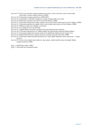 АРДЧИЛСАН ЗАСАГЛАЛЫН ТӨЛӨВ БАЙДАЛД ГАРСАН ӨӨРЧЛӨЛТ. 2007-2008



Хүснэгт 37. Хэвлэл мэдээллийн эзэмшил/харьяаллын сүлжээ, (3-аас дээш жил хэвлэл мэдээллийн
            хэрэгслийг эзэмшдэг байгууллагууд), (2008)
Хүснэгт 38. Телевизийн нэвтрүүлгийн бүтэц, (2006-2007)
Хүснэгт 39. Телевизийн 7 хоногийн нэвтрүүлэгт гадаад нэвтрүүлгийн эзлэх хувь
Хүснэгт 40. Монголын хамгийн олон хэрэглэгчтэй вэб сайтууд, (2008)
Хүснэгт 41. Судалгаанд хамрагдсан хүмүүс дараах хэвлэл мэдээллийн хэрэгслүүдэд итгэдэг байдал, (2008)
Хүснэгт 42. Судалгаанд оролцогчид дараах хэвлэл мэдээллийн хэрэгслүүдэд итгэдэг байдал, (2008)
Хүснэгт 43. УИХ-ын тухай мэдээ. Баримт, үзэл бодол
Хүснэгт 44. Үзэгчдийн үнэлгээгээр хамгийн….
Хүснэгт 45. Төрийн байгууллагуудын талаарх судалгаанд оролцогчдын төсөөлөл
Хүснэгт 46. Судалгаанд оролцогчид улс төрийн дараах үйл ажиллагаанд оролцож байсан байдал
Хүснэгт 47. Судалгаанд хамрагдсан хүмүүс ямар нэгэн төрийн бус байгууллагын гишүүн эсэх
Хүснэгт 48. Хорооны/багийн засаг даргын сонгуульд саналаа өгөөгүйн шалтгаан, (2008)
Хүснэгт 49. Судалгаанд хамрагдсан респондентууд улс төрд дараах харилцаа хэрхэн нөлөөлдөг талаар
       үзсэн нь
Хүснэгт 50. Хэвлэл мэдээллийн хэрэгслийн улс төр, санхүү, эдийн засгийн хувьд хэр хараат байдаг
       талаарх төсөөлөл, (2008)

Зураг 1. Global Peace Index, (2007)
Зураг 2. Хэвлэлийн эрх чөлөөний индекс




                                                                                             Хуудас | 7
 