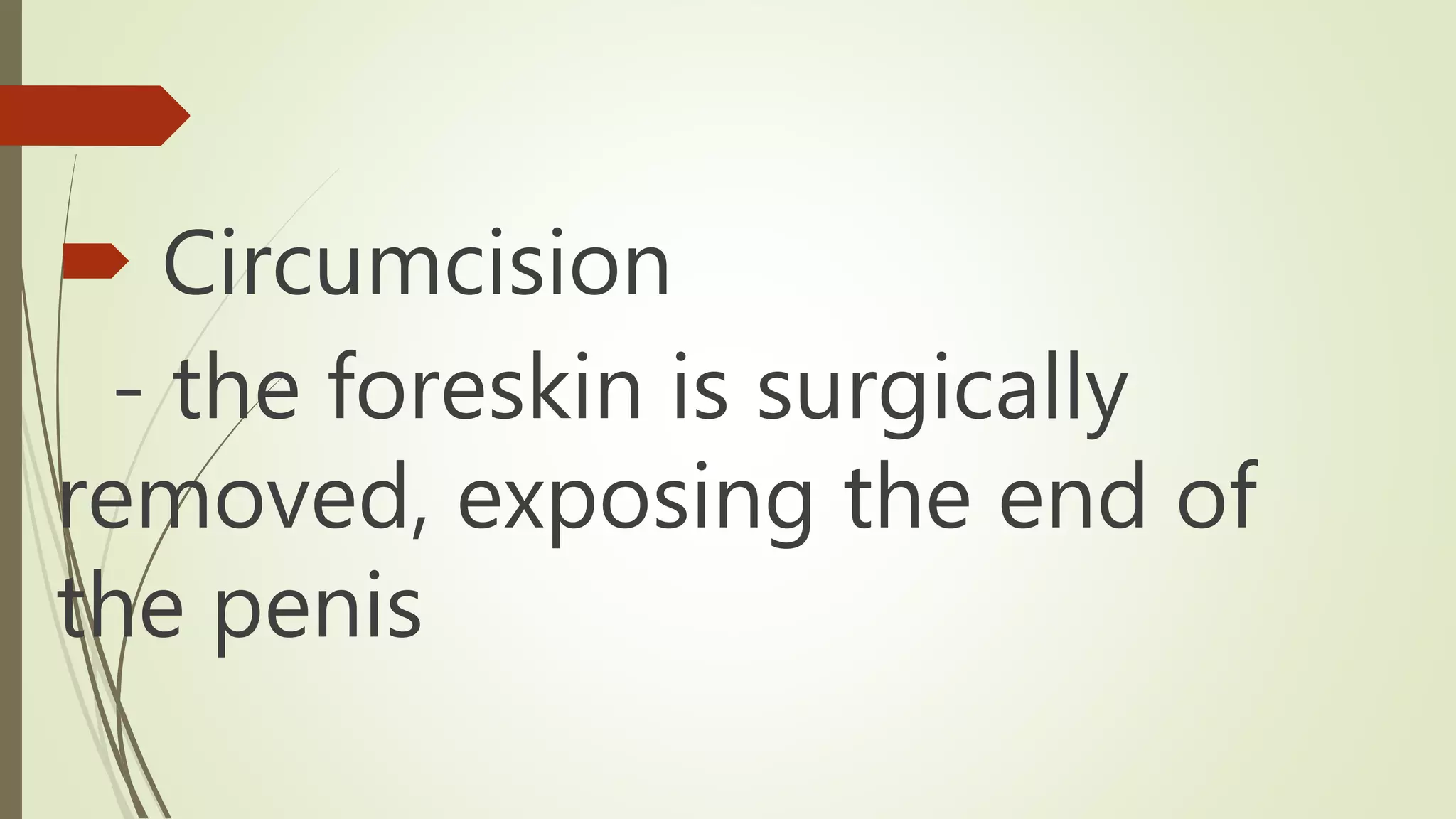  Circumcision
- the foreskin is surgically
removed, exposing the end of
the penis
 