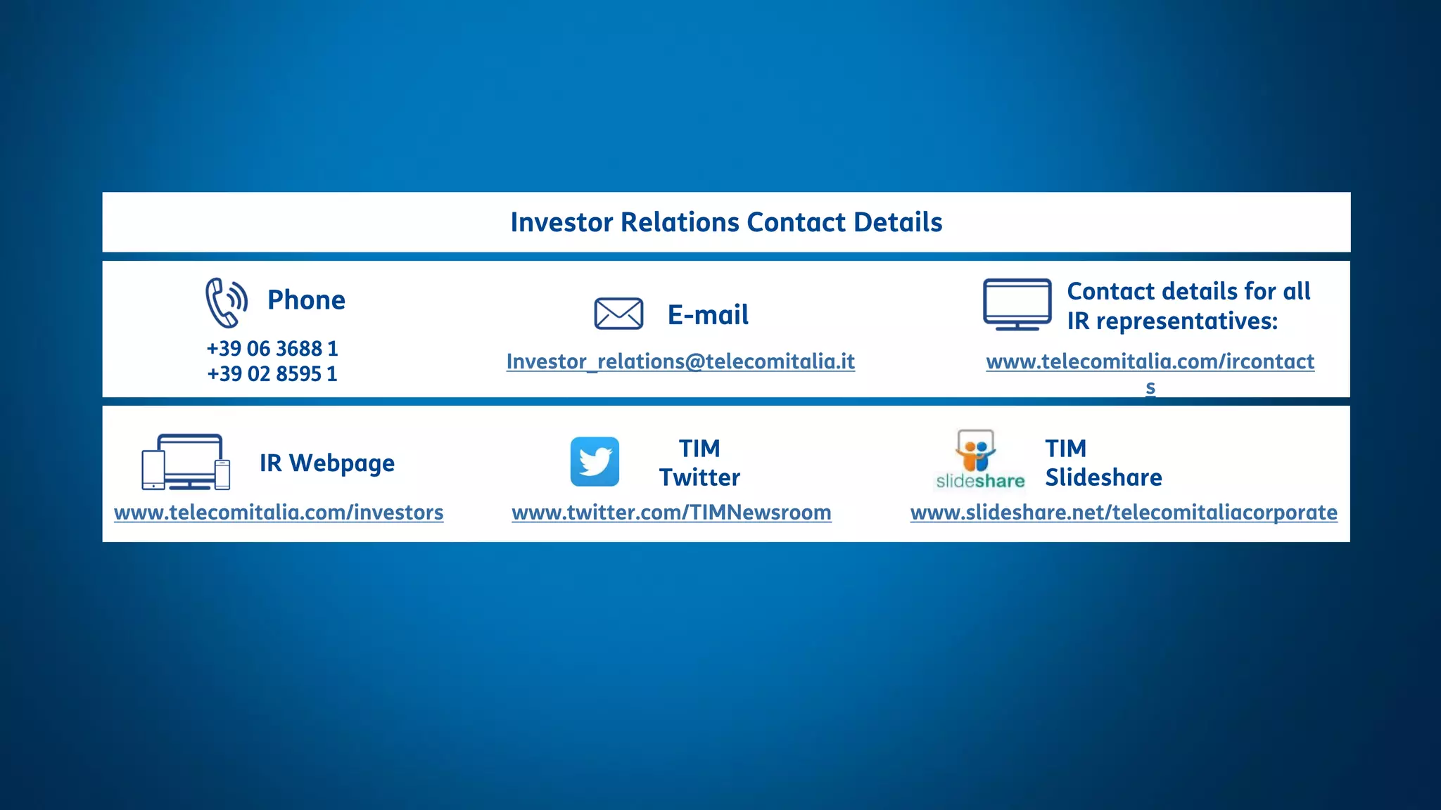 12
Changes in Financial Reporting
May 2019
IR Webpage
www.telecomitalia.com/investors
+39 06 3688 1
+39 02 8595 1
Phone
E-mail
Investor_relations@telecomitalia.it
Contact details for all
IR representatives:
www.telecomitalia.com/ircontact
s
Investor Relations Contact Details
TIM
Slideshare
www.slideshare.net/telecomitaliacorporatewww.twitter.com/TIMNewsroom
TIM
Twitter
 