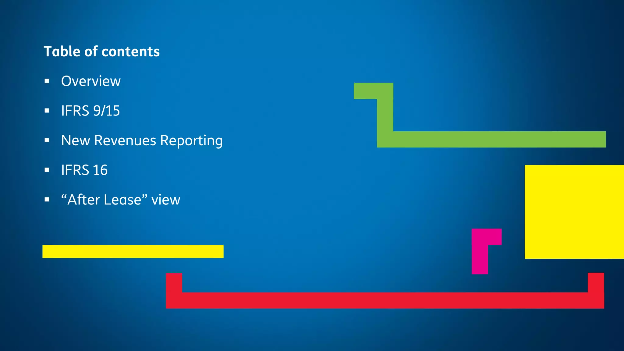 2
Changes in Financial Reporting
May 2019
Table of contents
▪ Overview
▪ IFRS 9/15
▪ New Revenues Reporting
▪ IFRS 16
▪ “After Lease” view
 