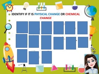 IDENTIFY IF IT IS PHYSICAL CHANGE OR CHEMICAL
CHANGE
 
