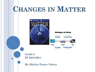 CHANGES IN MATTER

Grade 3
SY 2013-2014
By: Shirley Puaso- Valera

 