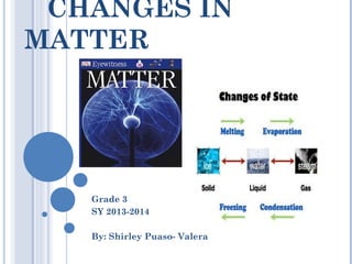 CHANGES IN 
MATTER 
Grade 3 
SY 2013-2014 
By: Shirley Puaso- Valera 
 