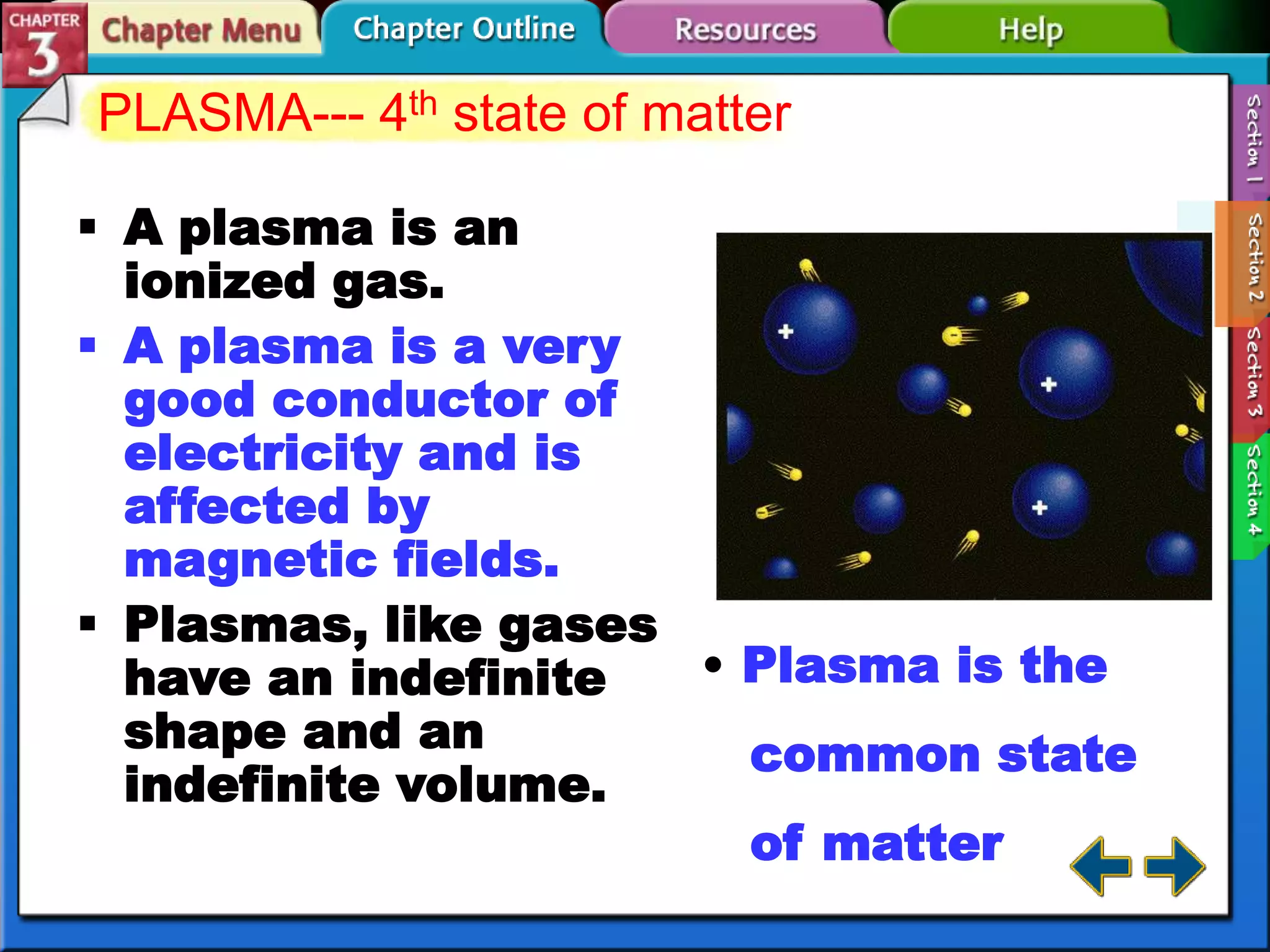 PLASMA--- 4th state of matter
 A plasma is an
ionized gas.
 A plasma is a very
good conductor of
electricity and is
affected by
magnetic fields.
 Plasmas, like gases
• Plasma is the
have an indefinite
shape and an
common state
indefinite volume.
of matter

 