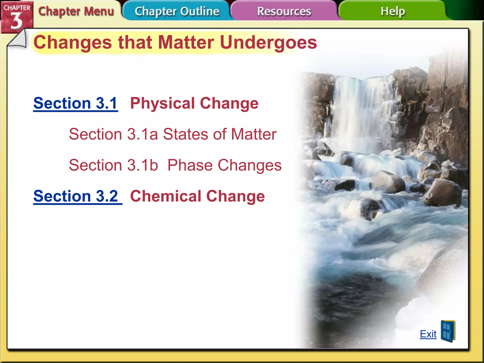 Changes that Matter Undergoes
Section 3.1 Physical Change
Section 3.1a States of Matter
Section 3.1b Phase Changes

Section 3.2 Chemical Change

Exit

 
