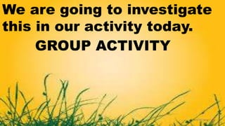 We are going to investigate
this in our activity today.
GROUP ACTIVITY
 