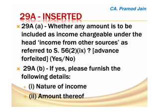 22229A9A9A9A ---- INSERTEDINSERTEDINSERTEDINSERTED
29A (a29A (a29A (a29A (a)))) ---- WhetherWhetherWhetherWhether any amount is to beany amount is to beany amount is to beany amount is to be
included as income chargeable under theincluded as income chargeable under theincluded as income chargeable under theincluded as income chargeable under the
head ‘income from other sources’ ashead ‘income from other sources’ ashead ‘income from other sources’ ashead ‘income from other sources’ as
referred toreferred toreferred toreferred to S. 56(2)(ix) ? [advanceS. 56(2)(ix) ? [advanceS. 56(2)(ix) ? [advanceS. 56(2)(ix) ? [advance
forfeited] (Yes/Noforfeited] (Yes/Noforfeited] (Yes/Noforfeited] (Yes/No))))
29A (b29A (b29A (b29A (b)))) ---- IfIfIfIf yes, please furnish theyes, please furnish theyes, please furnish theyes, please furnish the
following details:following details:following details:following details:
((((iiii) Nature of income) Nature of income) Nature of income) Nature of income
((((ii) Amountii) Amountii) Amountii) Amount thereofthereofthereofthereof
CA. Pramod Jain
 