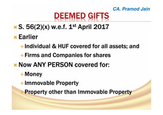 DEEMED GIFTSDEEMED GIFTSDEEMED GIFTSDEEMED GIFTS
S. 56(2)(x)S. 56(2)(x)S. 56(2)(x)S. 56(2)(x) w.e.fw.e.fw.e.fw.e.f. 1. 1. 1. 1stststst April 2017April 2017April 2017April 2017
EarlierEarlierEarlierEarlier
Individual & HUF covered for all assets; andIndividual & HUF covered for all assets; andIndividual & HUF covered for all assets; andIndividual & HUF covered for all assets; and
Firms and Companies for sharesFirms and Companies for sharesFirms and Companies for sharesFirms and Companies for shares
Now ANY PERSON covered for:Now ANY PERSON covered for:Now ANY PERSON covered for:Now ANY PERSON covered for:
MoneyMoneyMoneyMoney
Immovable PropertyImmovable PropertyImmovable PropertyImmovable Property
Property other than Immovable PropertyProperty other than Immovable PropertyProperty other than Immovable PropertyProperty other than Immovable Property
CA. Pramod Jain
 
