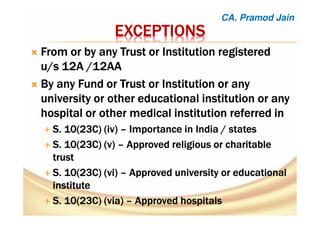 EXCEPTIONSEXCEPTIONSEXCEPTIONSEXCEPTIONS
FromFromFromFrom or by anyor by anyor by anyor by any TrustTrustTrustTrust orororor InstitutionInstitutionInstitutionInstitution registeredregisteredregisteredregistered
u/s 12A /12AAu/s 12A /12AAu/s 12A /12AAu/s 12A /12AA
BBBByyyy anyanyanyany FundFundFundFund orororor TrustTrustTrustTrust orororor InstitutionInstitutionInstitutionInstitution or anyor anyor anyor any
university or other educational institution or anyuniversity or other educational institution or anyuniversity or other educational institution or anyuniversity or other educational institution or any
hospital or other medical institution referredhospital or other medical institution referredhospital or other medical institution referredhospital or other medical institution referred inininin
S. 10(23C) (iv)S. 10(23C) (iv)S. 10(23C) (iv)S. 10(23C) (iv) –––– Importance in India / statesImportance in India / statesImportance in India / statesImportance in India / states
S. 10(23C) (v)S. 10(23C) (v)S. 10(23C) (v)S. 10(23C) (v) –––– ApprovedApprovedApprovedApproved religious or charitablereligious or charitablereligious or charitablereligious or charitable
trusttrusttrusttrust
S. 10(23C) (vi)S. 10(23C) (vi)S. 10(23C) (vi)S. 10(23C) (vi) –––– ApprovedApprovedApprovedApproved university or educationaluniversity or educationaluniversity or educationaluniversity or educational
instituteinstituteinstituteinstitute
S. 10(23C) (via)S. 10(23C) (via)S. 10(23C) (via)S. 10(23C) (via) –––– ApprovedApprovedApprovedApproved hospitalshospitalshospitalshospitals
CA. Pramod Jain
 