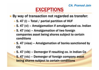 EXCEPTIONSEXCEPTIONSEXCEPTIONSEXCEPTIONS
ByByByBy way of transaction not regarded asway of transaction not regarded asway of transaction not regarded asway of transaction not regarded as transfer:transfer:transfer:transfer:
S. 47 (S. 47 (S. 47 (S. 47 (iiii)))) –––– Total / partial partition of HUFTotal / partial partition of HUFTotal / partial partition of HUFTotal / partial partition of HUF
S. 47 (vi)S. 47 (vi)S. 47 (vi)S. 47 (vi) –––– Amalgamation if amalgamated co. IndianAmalgamation if amalgamated co. IndianAmalgamation if amalgamated co. IndianAmalgamation if amalgamated co. Indian
S. 47S. 47S. 47S. 47 ((((via)via)via)via) –––– Amalgamation of two foreignAmalgamation of two foreignAmalgamation of two foreignAmalgamation of two foreign
companies asset being shares subject to certaincompanies asset being shares subject to certaincompanies asset being shares subject to certaincompanies asset being shares subject to certain
conditionsconditionsconditionsconditions
SSSS. 47. 47. 47. 47 ((((viaaviaaviaaviaa)))) –––– Amalgamation of banks sanctioned byAmalgamation of banks sanctioned byAmalgamation of banks sanctioned byAmalgamation of banks sanctioned by
CGCGCGCG
S. 47S. 47S. 47S. 47 ((((vibvibvibvib)))) –––– Demerger if resulting co. in Indian CoDemerger if resulting co. in Indian CoDemerger if resulting co. in Indian CoDemerger if resulting co. in Indian Co
S. 47S. 47S. 47S. 47 ((((vicvicvicvic)))) –––– Demerger of foreign company assetDemerger of foreign company assetDemerger of foreign company assetDemerger of foreign company asset
being shares subject to certain conditionsbeing shares subject to certain conditionsbeing shares subject to certain conditionsbeing shares subject to certain conditions
CA. Pramod Jain
 