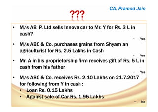 ????????????
• M/s AB P. Ltd sellsM/s AB P. Ltd sellsM/s AB P. Ltd sellsM/s AB P. Ltd sells InnovaInnovaInnovaInnova car to Mr. Y for Rs. 3 L incar to Mr. Y for Rs. 3 L incar to Mr. Y for Rs. 3 L incar to Mr. Y for Rs. 3 L in
cash?cash?cash?cash?
• YesYesYesYes
• M/s ABC & Co. purchases grains fromM/s ABC & Co. purchases grains fromM/s ABC & Co. purchases grains fromM/s ABC & Co. purchases grains from ShyamShyamShyamShyam anananan
agriculturist for Rs. 2.5 Lakhs in Cashagriculturist for Rs. 2.5 Lakhs in Cashagriculturist for Rs. 2.5 Lakhs in Cashagriculturist for Rs. 2.5 Lakhs in Cash
• YesYesYesYes
• Mr. A in his proprietorship firm receives gift of Rs. 5 L inMr. A in his proprietorship firm receives gift of Rs. 5 L inMr. A in his proprietorship firm receives gift of Rs. 5 L inMr. A in his proprietorship firm receives gift of Rs. 5 L in
cash from his fathercash from his fathercash from his fathercash from his father
• YesYesYesYes
• M/s ABC & Co. receives Rs. 2.10 Lakhs on 21.7.2017M/s ABC & Co. receives Rs. 2.10 Lakhs on 21.7.2017M/s ABC & Co. receives Rs. 2.10 Lakhs on 21.7.2017M/s ABC & Co. receives Rs. 2.10 Lakhs on 21.7.2017
for following from Y in cash :for following from Y in cash :for following from Y in cash :for following from Y in cash :
• Loan Rs. 0.15 LakhsLoan Rs. 0.15 LakhsLoan Rs. 0.15 LakhsLoan Rs. 0.15 Lakhs
• Against sale of Car Rs. 1.95 LakhsAgainst sale of Car Rs. 1.95 LakhsAgainst sale of Car Rs. 1.95 LakhsAgainst sale of Car Rs. 1.95 Lakhs
• NoNoNoNo
CA. Pramod Jain
 