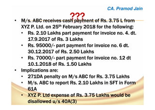 ????????????• M/s. ABC receives cash payment of Rs. 3.75 L fromM/s. ABC receives cash payment of Rs. 3.75 L fromM/s. ABC receives cash payment of Rs. 3.75 L fromM/s. ABC receives cash payment of Rs. 3.75 L from
XYZ P. Ltd. on 25XYZ P. Ltd. on 25XYZ P. Ltd. on 25XYZ P. Ltd. on 25thththth February 2018 for the following:February 2018 for the following:February 2018 for the following:February 2018 for the following:
• RsRsRsRs. 2.10 Lakhs part payment for invoice no. 4.. 2.10 Lakhs part payment for invoice no. 4.. 2.10 Lakhs part payment for invoice no. 4.. 2.10 Lakhs part payment for invoice no. 4. dt.dt.dt.dt.
17.9.2017 of Rs. 3 Lakhs17.9.2017 of Rs. 3 Lakhs17.9.2017 of Rs. 3 Lakhs17.9.2017 of Rs. 3 Lakhs
• Rs. 95000/Rs. 95000/Rs. 95000/Rs. 95000/---- part payment for invoice no. 6part payment for invoice no. 6part payment for invoice no. 6part payment for invoice no. 6 dt.dt.dt.dt.
30.12.2017 of Rs. 2.50 Lakhs30.12.2017 of Rs. 2.50 Lakhs30.12.2017 of Rs. 2.50 Lakhs30.12.2017 of Rs. 2.50 Lakhs
• Rs. 70000/Rs. 70000/Rs. 70000/Rs. 70000/---- part payment for invoice no. 12part payment for invoice no. 12part payment for invoice no. 12part payment for invoice no. 12 dtdtdtdt
10.1.2018 of Rs. 1.50 Lakhs10.1.2018 of Rs. 1.50 Lakhs10.1.2018 of Rs. 1.50 Lakhs10.1.2018 of Rs. 1.50 Lakhs
• Implications are:Implications are:Implications are:Implications are:
• 271DA penalty on M/s ABC for Rs. 3.75 Lakhs271DA penalty on M/s ABC for Rs. 3.75 Lakhs271DA penalty on M/s ABC for Rs. 3.75 Lakhs271DA penalty on M/s ABC for Rs. 3.75 Lakhs
• M/s. ABC to report Rs. 2.10 Lakhs in SFT in FormM/s. ABC to report Rs. 2.10 Lakhs in SFT in FormM/s. ABC to report Rs. 2.10 Lakhs in SFT in FormM/s. ABC to report Rs. 2.10 Lakhs in SFT in Form
61A61A61A61A
• XYZ P. Ltd expense of Rs. 3.75 Lakhs would beXYZ P. Ltd expense of Rs. 3.75 Lakhs would beXYZ P. Ltd expense of Rs. 3.75 Lakhs would beXYZ P. Ltd expense of Rs. 3.75 Lakhs would be
disallowed u/s 40A(3)disallowed u/s 40A(3)disallowed u/s 40A(3)disallowed u/s 40A(3)
CA. Pramod Jain
 