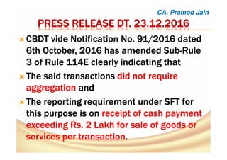 PRESS RELEASEPRESS RELEASEPRESS RELEASEPRESS RELEASE DT.DT.DT.DT. 23.12.201623.12.201623.12.201623.12.2016
CBDT videCBDT videCBDT videCBDT vide Notification No. 91/2016 datedNotification No. 91/2016 datedNotification No. 91/2016 datedNotification No. 91/2016 dated
6th October,6th October,6th October,6th October, 2016 has amended Sub2016 has amended Sub2016 has amended Sub2016 has amended Sub----RuleRuleRuleRule
3 of Rule 114E clearly3 of Rule 114E clearly3 of Rule 114E clearly3 of Rule 114E clearly indicating thatindicating thatindicating thatindicating that
TheTheTheThe said transactionssaid transactionssaid transactionssaid transactions did not requiredid not requiredid not requiredid not require
aggregationaggregationaggregationaggregation andandandand
TheTheTheThe reporting requirement under SFT forreporting requirement under SFT forreporting requirement under SFT forreporting requirement under SFT for
this purpose is onthis purpose is onthis purpose is onthis purpose is on receipt of cash paymentreceipt of cash paymentreceipt of cash paymentreceipt of cash payment
exceedingexceedingexceedingexceeding Rs. 2 LakhRs. 2 LakhRs. 2 LakhRs. 2 Lakh for sale of goods orfor sale of goods orfor sale of goods orfor sale of goods or
services per transactionservices per transactionservices per transactionservices per transaction....
CA. Pramod Jain
 