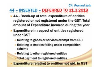 44444444 –––– INSERTEDINSERTEDINSERTEDINSERTED –––– DEFERRED TO 31.3.2019DEFERRED TO 31.3.2019DEFERRED TO 31.3.2019DEFERRED TO 31.3.2019
44444444 ---- BreakBreakBreakBreak----up of total expenditure of entitiesup of total expenditure of entitiesup of total expenditure of entitiesup of total expenditure of entities
registered or not registered under theregistered or not registered under theregistered or not registered under theregistered or not registered under the GST. TotalGST. TotalGST. TotalGST. Total
amount of Expenditure incurred during the yearamount of Expenditure incurred during the yearamount of Expenditure incurred during the yearamount of Expenditure incurred during the year
Expenditure in respect of entities registeredExpenditure in respect of entities registeredExpenditure in respect of entities registeredExpenditure in respect of entities registered
under GSTunder GSTunder GSTunder GST
Relating to goods or services exempt from GSTRelating to goods or services exempt from GSTRelating to goods or services exempt from GSTRelating to goods or services exempt from GST
Relating to entities falling under compositionRelating to entities falling under compositionRelating to entities falling under compositionRelating to entities falling under composition
schemeschemeschemescheme
Relating to other registered entitiesRelating to other registered entitiesRelating to other registered entitiesRelating to other registered entities
Total payment to registered entitiesTotal payment to registered entitiesTotal payment to registered entitiesTotal payment to registered entities
Expenditure relating to entities notExpenditure relating to entities notExpenditure relating to entities notExpenditure relating to entities not rgdrgdrgdrgd. in. in. in. in GSTGSTGSTGST
CA. Pramod Jain
 