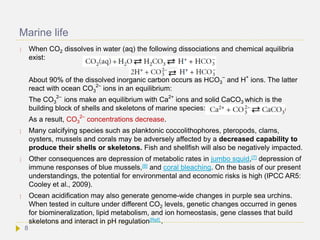 Marine life
 When CO2 dissolves in water (aq) the following dissociations and chemical aquilibria
exist:
About 90% of the dissolved inorganic carbon occurs as HCO3
–
and H+
ions. The latter
react with ocean CO3
2–
ions in an equilibrium:
The CO3
2–
ions make an equilibrium with Ca2+
ions and solid CaCO3 which is the
building block of shells and skeletons of marine species:
As a result, CO3
2–
concentrations decrease.
 Many calcifying species such as planktonic coccolithophores, pteropods, clams,
oysters, mussels and corals may be adversely affected by a decreased capability to
produce their shells or skeletons. Fish and shellfish will also be negatively impacted.
 Other consequences are depression of metabolic rates in jumbo squid,[7] depression of
immune responses of blue mussels,[8] and coral bleaching. On the basis of our present
understandings, the potential for environmental and economic risks is high (IPCC AR5:
Cooley et al., 2009).
 Ocean acidification may also generate genome-wide changes in purple sea urchins.
When tested in culture under different CO2 levels, genetic changes occurred in genes
for biomineralization, lipid metabolism, and ion homeostasis, gene classes that build
skeletons and interact in pH regulation[Ref] .
8
 