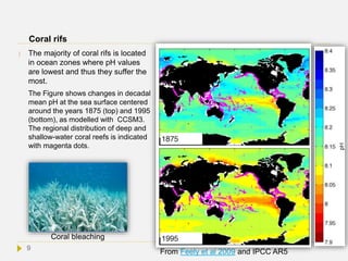 Coral rifs
 The majority of coral rifs is located
in ocean zones where pH values
are lowest and thus they suffer the
most.
The Figure shows changes in decadal
mean pH at the sea surface centered
around the years 1875 (top) and 1995
(bottom), as modelled with CCSM3.
The regional distribution of deep and
shallow-water coral reefs is indicated
with magenta dots.
Coral bleaching
9
From Feely et al 2009 and IPCC AR5
 