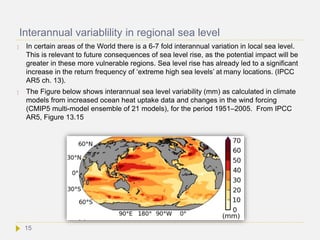 Interannual variablility in regional sea level
 In certain areas of the World there is a 6-7 fold interannual variation in local sea level.
This is relevant to future consequences of sea level rise, as the potential impact will be
greater in these more vulnerable regions. Sea level rise has already led to a significant
increase in the return frequency of ‘extreme high sea levels’ at many locations. (IPCC
AR5 ch. 13).
 The Figure below shows interannual sea level variability (mm) as calculated in climate
models from increased ocean heat uptake data and changes in the wind forcing
(CMIP5 multi-model ensemble of 21 models), for the period 1951–2005. From IPCC
AR5, Figure 13.15
15
 