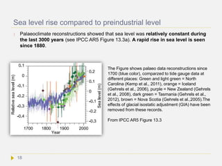 Sea level rise compared to preindustrial level
 Palaeoclimate reconstructions showed that sea level was relatively constant during
the last 3000 years (see IPCC AR5 Figure 13.3a). A rapid rise in sea level is seen
since 1880.
The Figure shows palaeo data reconstructions since
1700 (blue color), comparzed to tide gauge data at
different places: Green and light green = North
Carolina (Kemp et al., 2011), orange = Iceland
(Gehrels et al., 2006), purple = New Zealand (Gehrels
et al., 2008), dark green = Tasmania (Gehrels et al.,
2012), brown = Nova Scotia (Gehrels et al.,2005).The
effects of glacial isostatic adjustment (GIA) have been
removed from these records.
From IPCC AR5 Figure 13.3
18
 