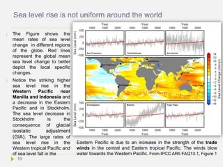 Sea level rise is not uniform around the world
 The Figure shows the
mean rates of sea level
change in different regions
of the globe. Red lines
represent the global mean
sea level change to better
depict the local specific
changes.
 Notice the striking higher
sea level rise in the
Western Pacific near
Manilla and Indonesia and
a decrease in the Eastern
Pacific and in Stockholm.
The sea level decrease in
Stockholm is the
consequence of glacial
isostatic adjustment
(GIA). The large rates of
sea level rise in the
Western tropical Pacific and
of sea level fall in the
Eastern Pacific is due to an increase in the strength of the trade
winds in the central and Eastern tropical Pacific. The winds blow
water towards the Western Pacific. From IPCC AR5 FAQ13.1, Figure 1
19
 