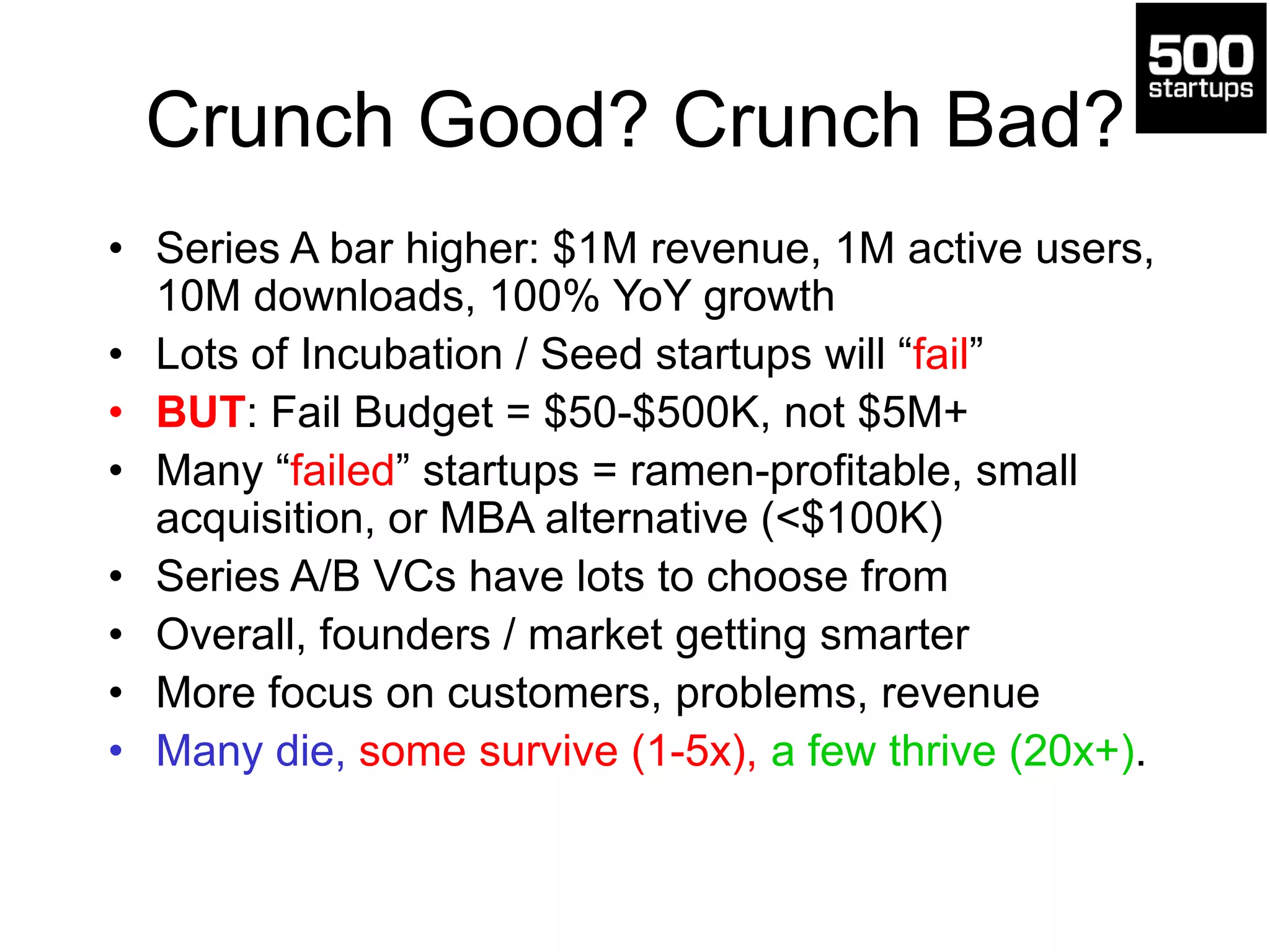 Crunch Good? Crunch Bad?
• Series A bar higher: $1M revenue, 1M active users,
10M downloads, 100% YoY growth
• Lots of Incubation / Seed startups will “fail”
• BUT: Fail Budget = $50-$500K, not $5M+
• Many “failed” startups = ramen-profitable, small
acquisition, or MBA alternative (<$100K)
• Series A/B VCs have lots to choose from
• Overall, founders / market getting smarter
• More focus on customers, problems, revenue
• Many die, some survive (1-5x), a few thrive (20x+).
 