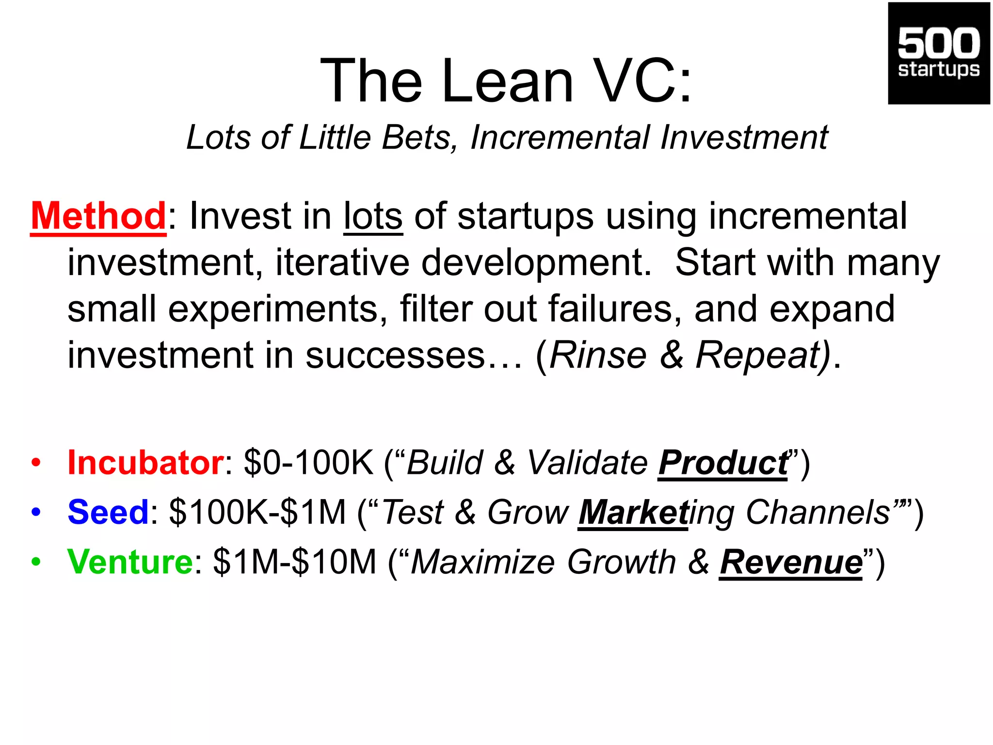 The Lean VC:
Lots of Little Bets, Incremental Investment
Method: Invest in lots of startups using incremental
investment, iterative development. Start with many
small experiments, filter out failures, and expand
investment in successes… (Rinse & Repeat).
• Incubator: $0-100K (“Build & Validate Product”)
• Seed: $100K-$1M (“Test & Grow Marketing Channels””)
• Venture: $1M-$10M (“Maximize Growth & Revenue”)
 