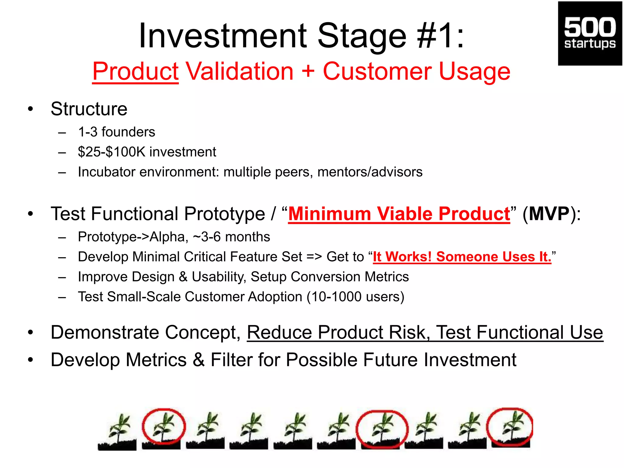 Investment Stage #1:
Product Validation + Customer Usage
• Structure
– 1-3 founders
– $25-$100K investment
– Incubator environment: multiple peers, mentors/advisors
• Test Functional Prototype / “Minimum Viable Product” (MVP):
– Prototype->Alpha, ~3-6 months
– Develop Minimal Critical Feature Set => Get to “It Works! Someone Uses It.”
– Improve Design & Usability, Setup Conversion Metrics
– Test Small-Scale Customer Adoption (10-1000 users)
• Demonstrate Concept, Reduce Product Risk, Test Functional Use
• Develop Metrics & Filter for Possible Future Investment
 