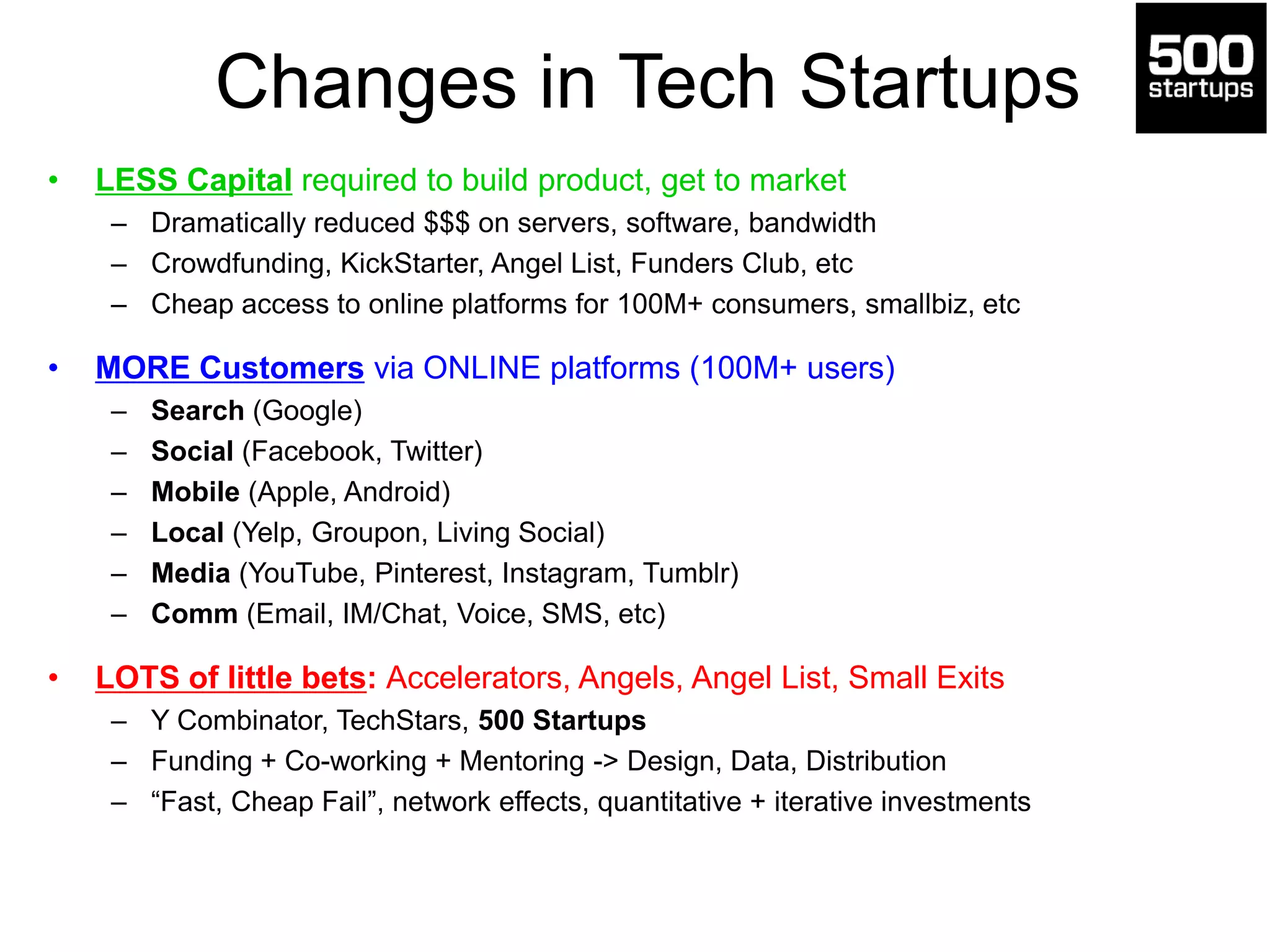Changes in Tech Startups
• LESS Capital required to build product, get to market
– Dramatically reduced $$$ on servers, software, bandwidth
– Crowdfunding, KickStarter, Angel List, Funders Club, etc
– Cheap access to online platforms for 100M+ consumers, smallbiz, etc
• MORE Customers via ONLINE platforms (100M+ users)
– Search (Google)
– Social (Facebook, Twitter)
– Mobile (Apple, Android)
– Local (Yelp, Groupon, Living Social)
– Media (YouTube, Pinterest, Instagram, Tumblr)
– Comm (Email, IM/Chat, Voice, SMS, etc)
• LOTS of little bets: Accelerators, Angels, Angel List, Small Exits
– Y Combinator, TechStars, 500 Startups
– Funding + Co-working + Mentoring -> Design, Data, Distribution
– “Fast, Cheap Fail”, network effects, quantitative + iterative investments
 