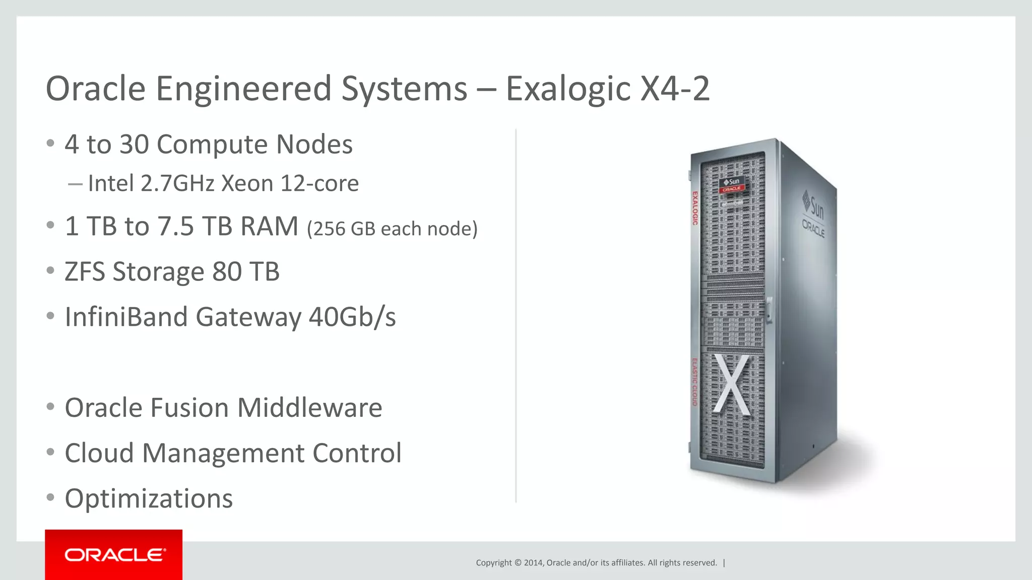 Copyright © 2014, Oracle and/or its affiliates. All rights reserved. |
• 4 to 30 Compute Nodes
– Intel 2.7GHz Xeon 12-core
• 1 TB to 7.5 TB RAM (256 GB each node)
• ZFS Storage 80 TB
• InfiniBand Gateway 40Gb/s
• Oracle Fusion Middleware
• Cloud Management Control
• Optimizations
Oracle Engineered Systems – Exalogic X4-2
 